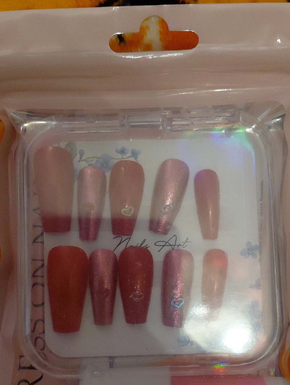 Press-On Pink Gradient Acrylic Nails with Heart Accents
